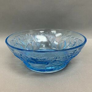 Clear Blue Glass Serving Bowl Fruits Floral 8 5/8" x 3" High